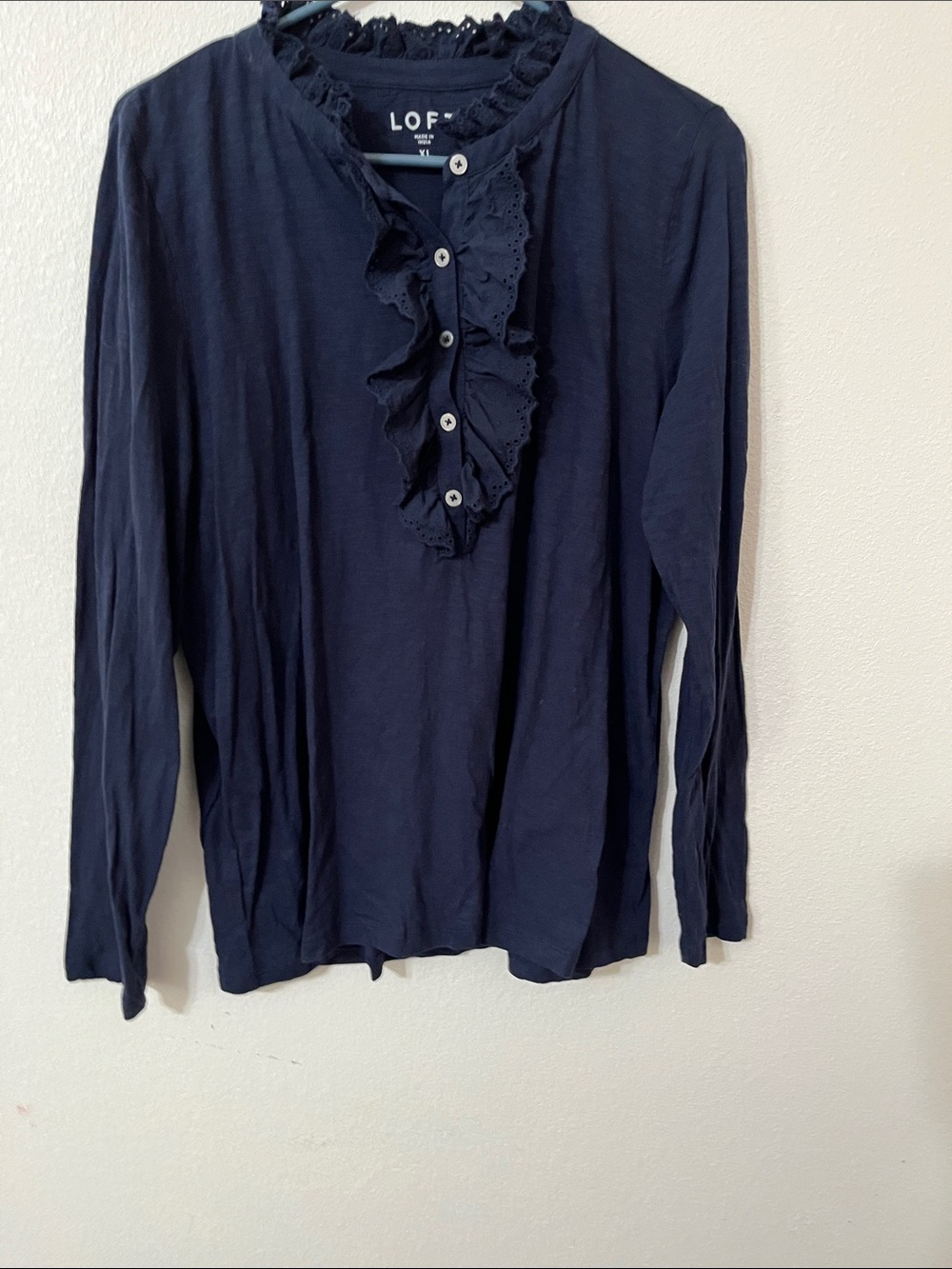 LOFT Navy Ruffle-Front Long Sleeve Blouse
